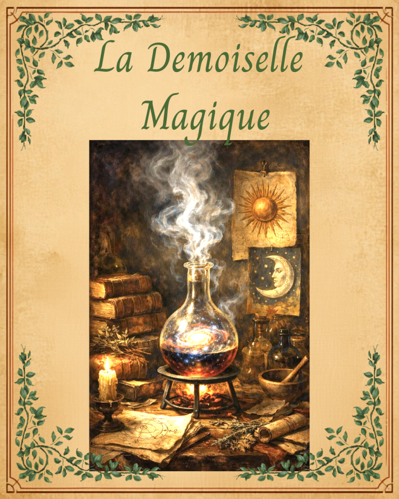 Affichette fil d'Ariane de l'Alchimiste végétale du Petit Monde, celle que l'on nommerait dans les romans du Moyen Age  la Demoiselle Magique.